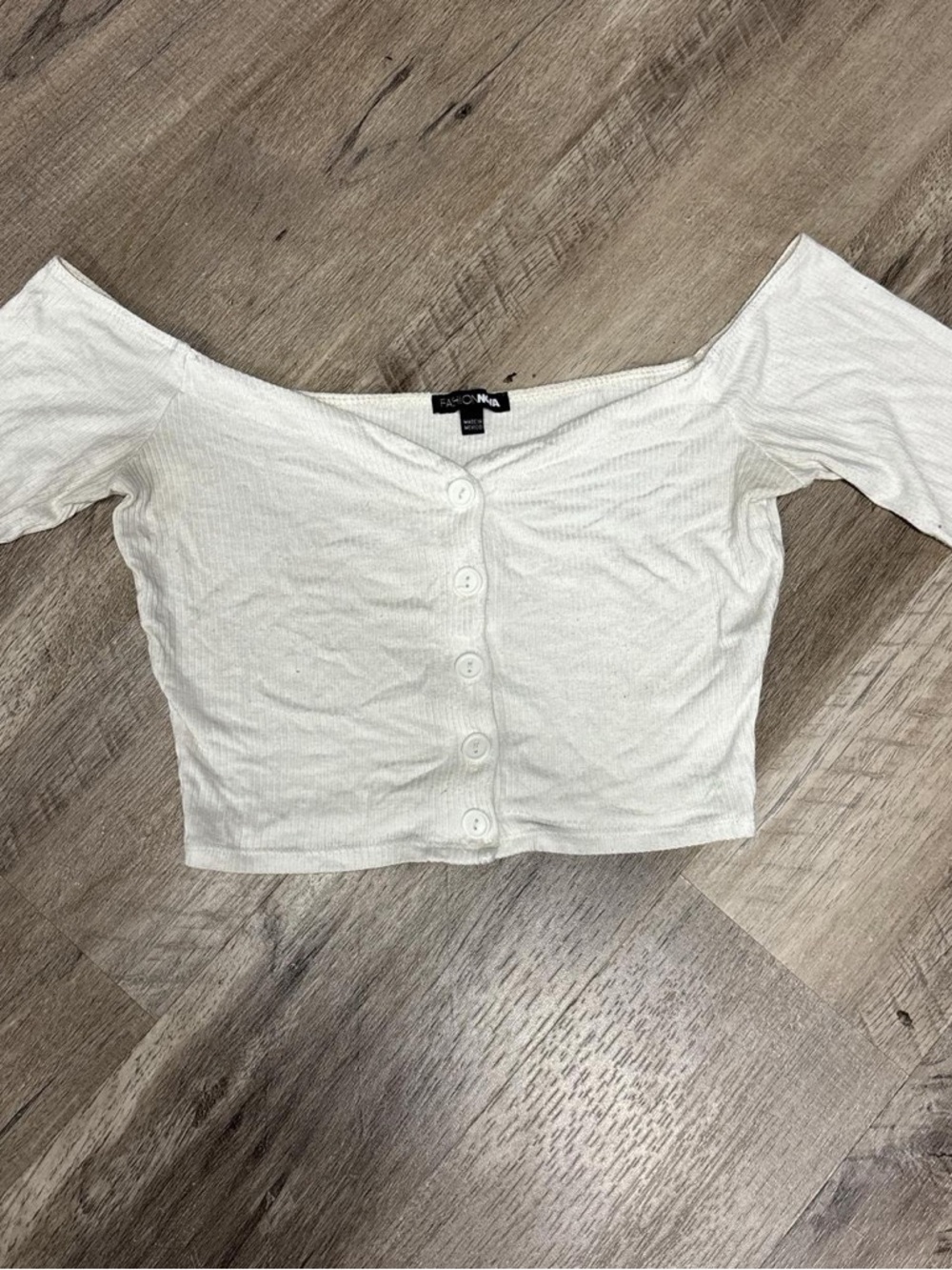 Fashion Nova White Off-Shoulder Button Crop Top